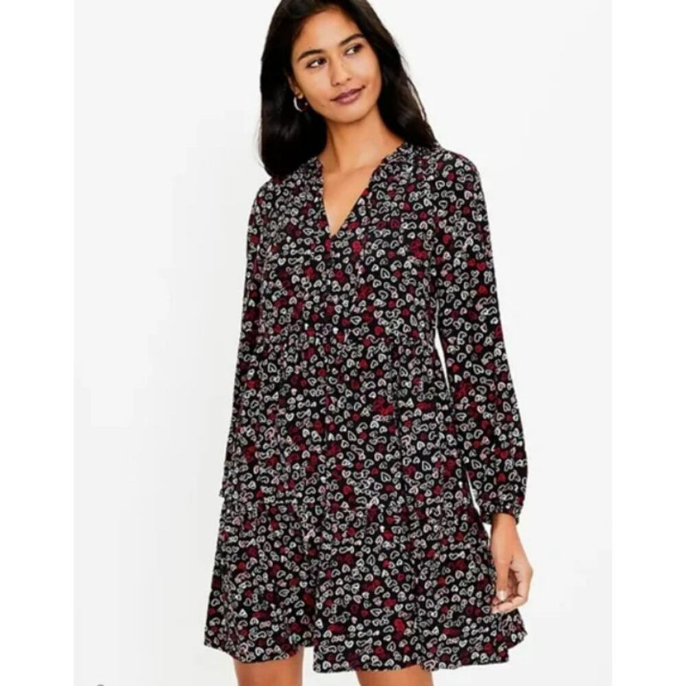 LOFT Petites XSP Multi-Heart Black Swing Dress Long Sleeve